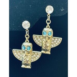 Gold Tone Owl Dangle Earrings Blue Rhinestone Eyes Enamel Heart Pierced